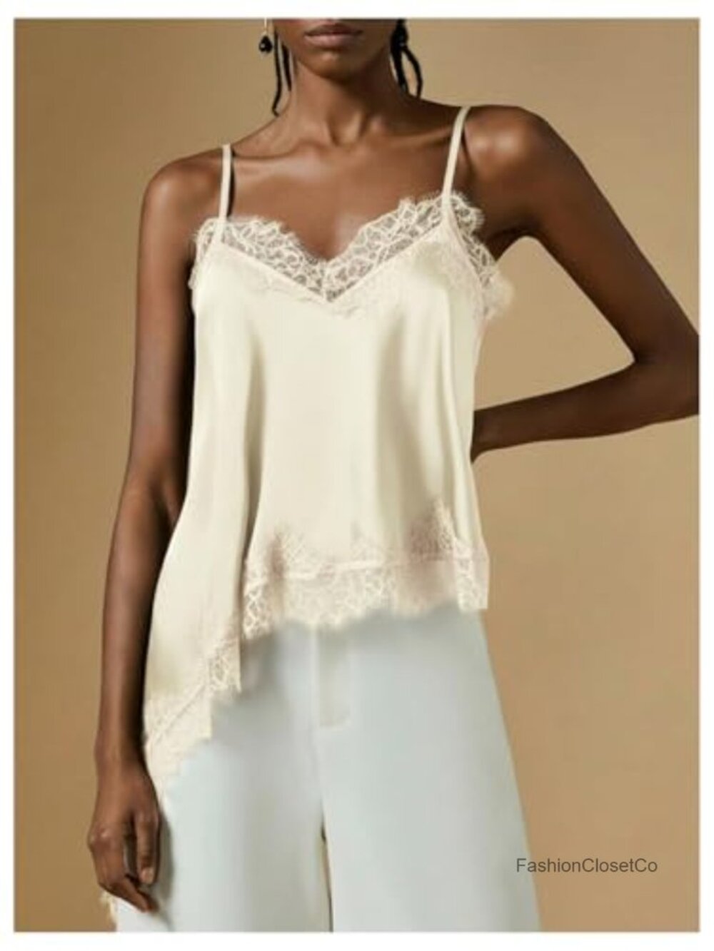 Lace Asymmetrical Satin Spaghetti Strap Camisole - Backless Going Out Top - Picture 4 of 5